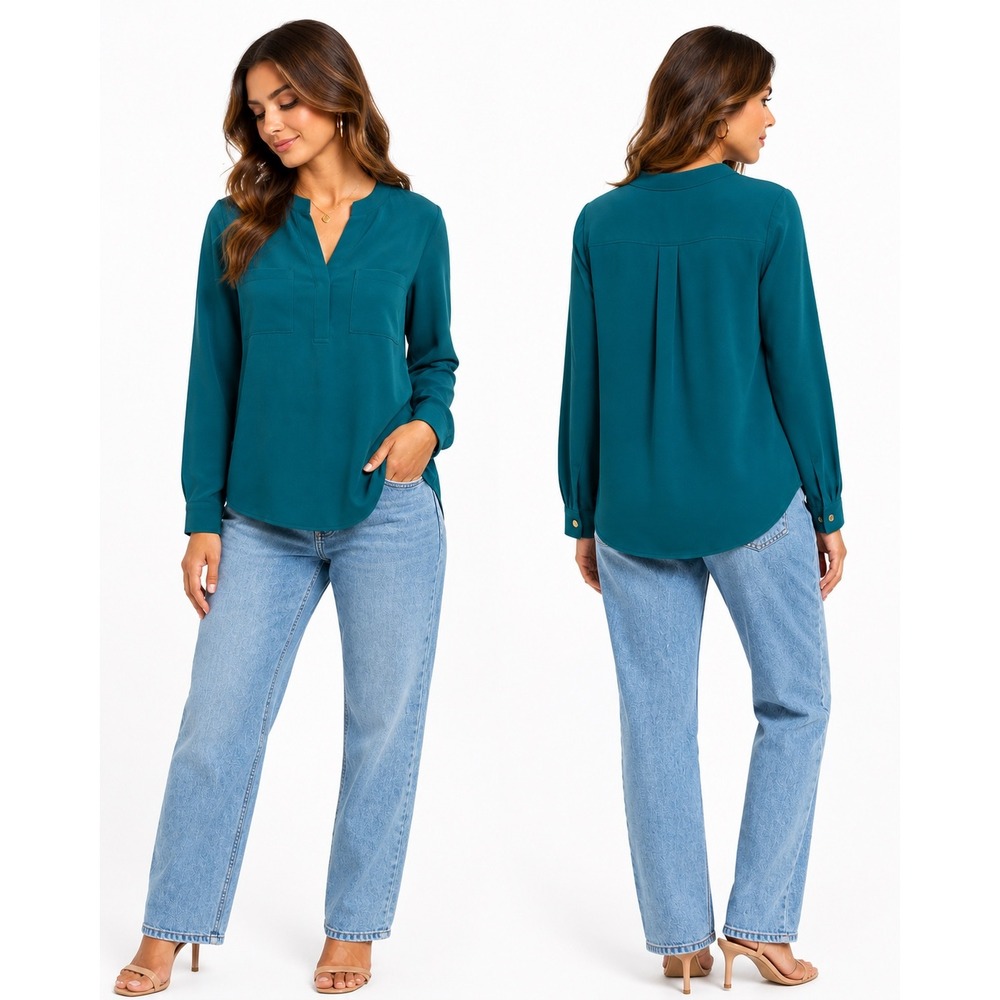 Nine West Blouse Womens Medium Teal Blue‎ Split Neck Long Sleeve Pocket Workwear